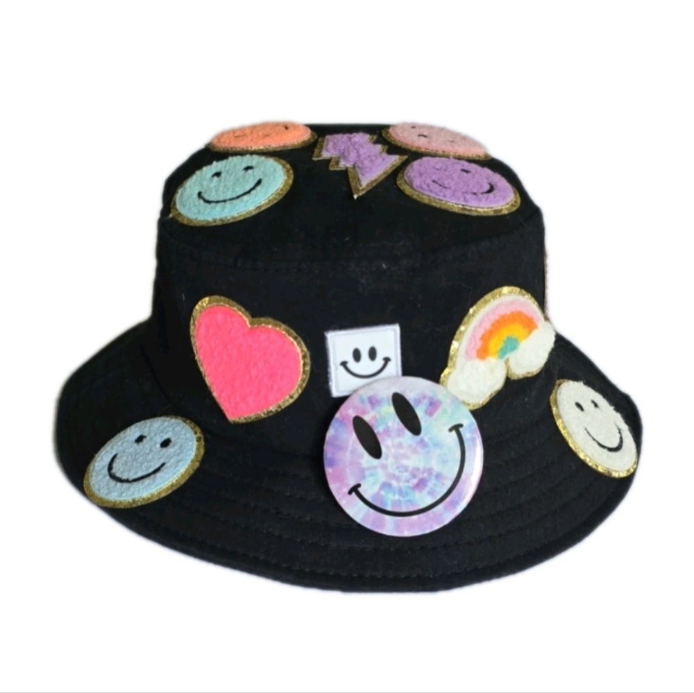 Funky Black Bucket Hat With Smiley Face Patches 90's Style Fun Rave Cap